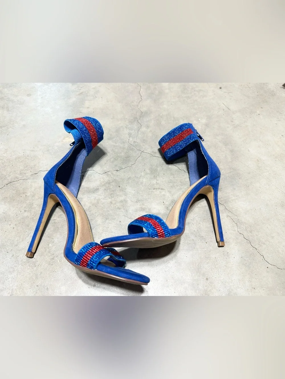 Liliana Blue Suede Stiletto Sandals with Red Striped Accents-7